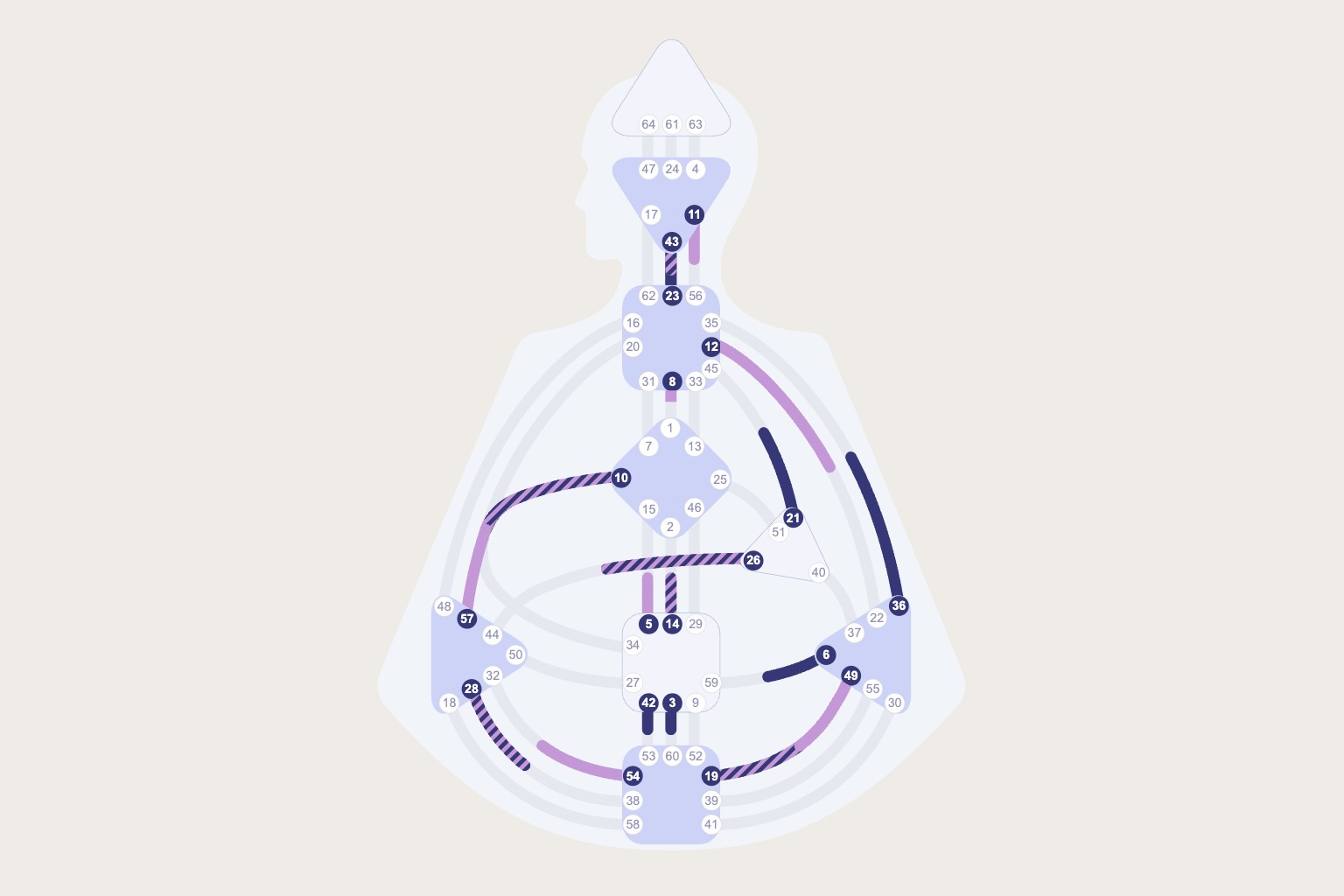 Human Design Chart aus Coisar: eine Figur mit neun Zentren, sechs davon hellblau definiert, drei Talente als farbige Verbindungen, Zahlen der Tore in kleinen Kreisen, Projektor mit Profil 2/4