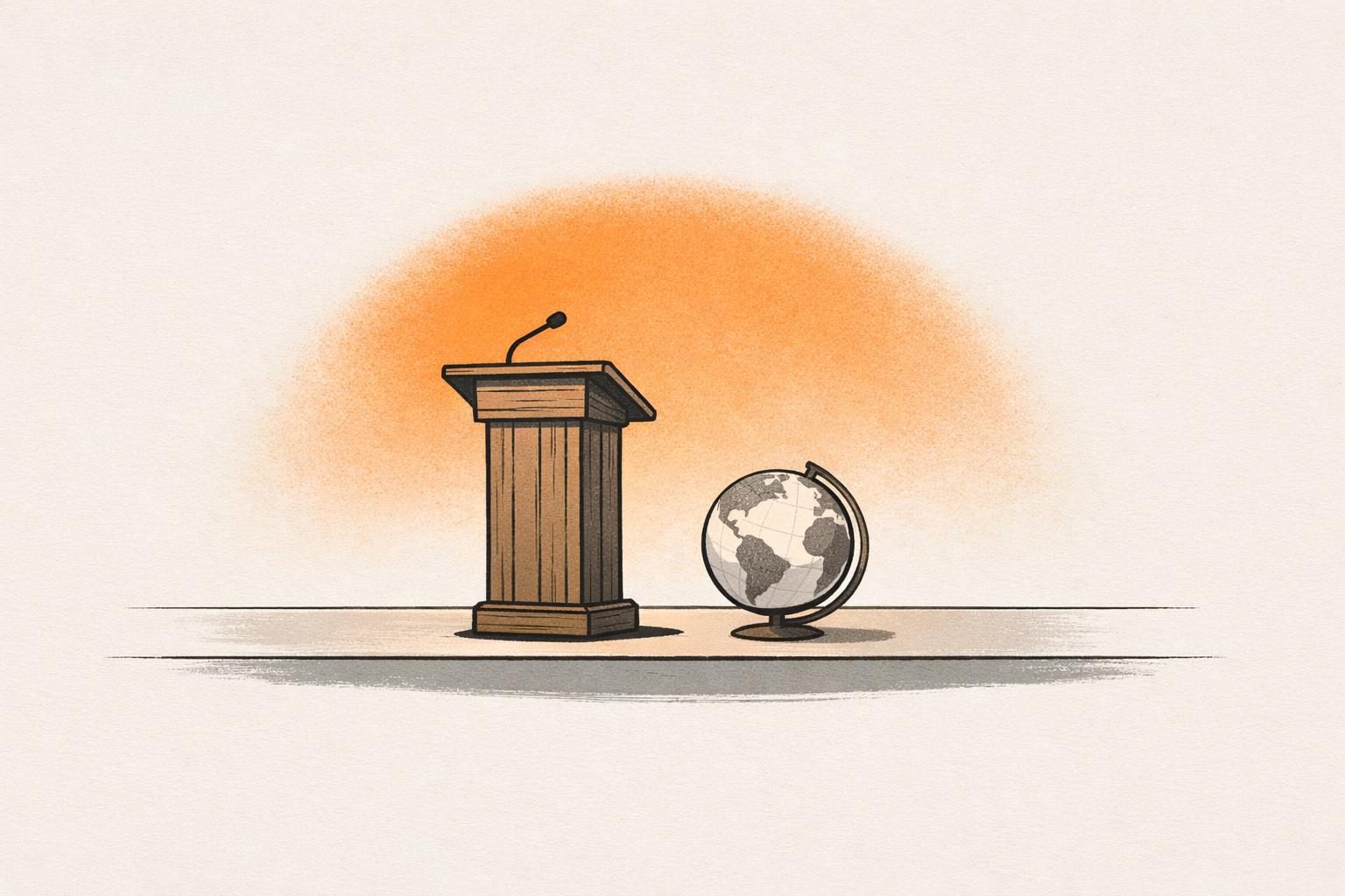 Illustration: ein hölzernes Rednerpult mit Mikrofon steht neben einem Globus auf einer Bühne vor einem warmen, orangefarbenen Lichtschein