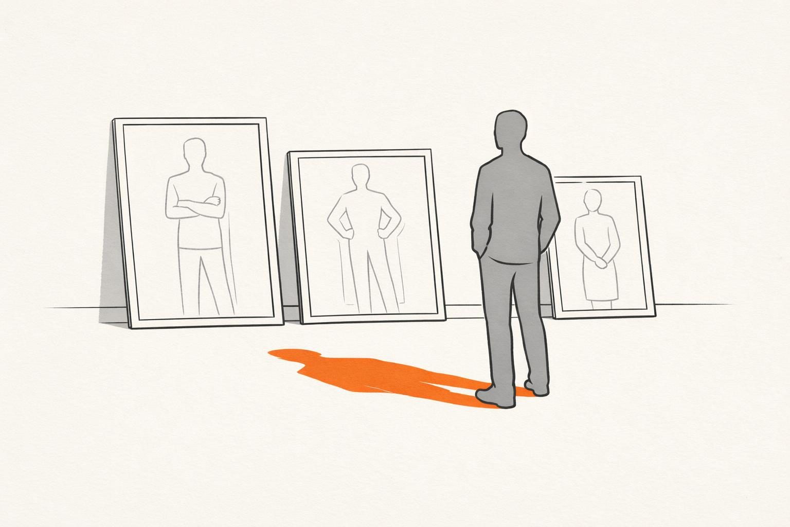 Illustration · eine gesichtslose Figur steht vor drei leeren Bilderrahmen, die nur graue Umrisse anderer, steifer Posen zeigen, während die Figur selbst einen warmen orangefarbenen Schatten auf den Boden wirft