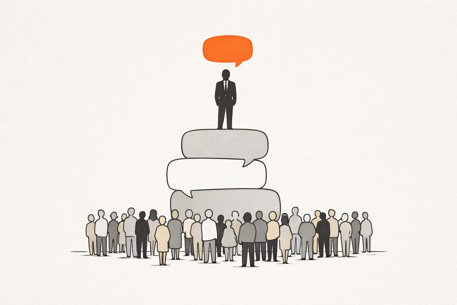 Illustration · Eine gesichtslose Silhouette im Anzug steht auf einer kleinen Bühne aus Sprechblasen und spricht in Richtung vieler kleiner Figuren, eine orangefarbene Sprechblase hebt sich ab, als Bild für die eigene Stimme eines CEO auf LinkedIn.