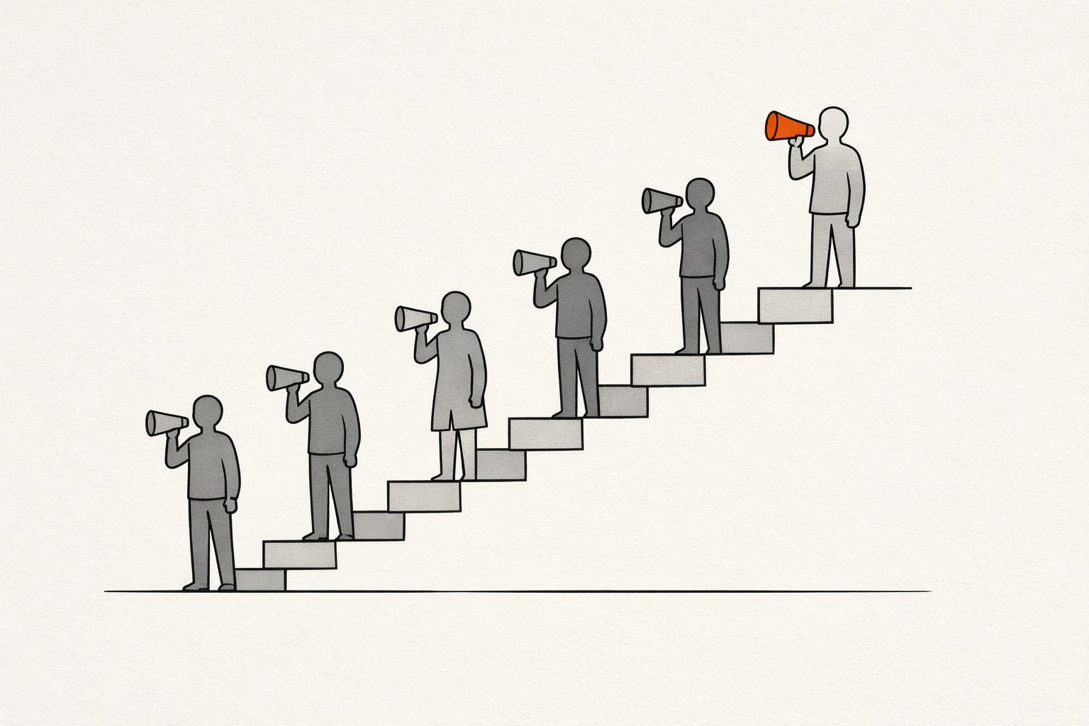 Illustration · Eine Gruppe gesichtsloser Figuren steht auf einer Treppe aus sieben Stufen, jede hält ein kleines Megafon, das oberste Megafon ist orange, als Bild für ein Corporate-Influencer-Programm, das Schritt für Schritt wächst.