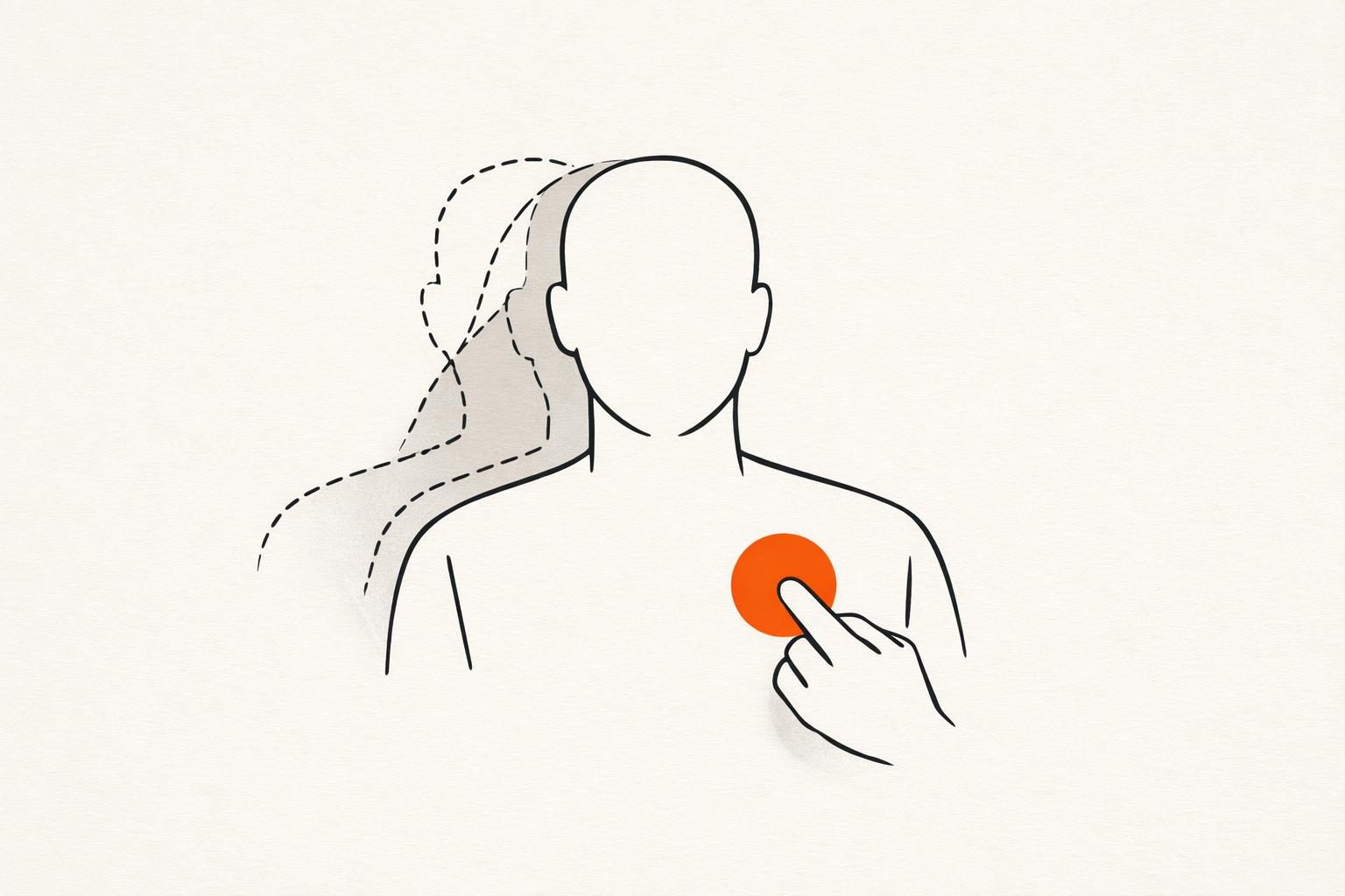 Illustration · Eine gesichtslose Silhouette aus feinen Tuschelinien, hinter der sich eine zweite, leicht versetzte Silhouette aus gestrichelten Linien löst; ein oranges Siegel hält die echte Figur zusammen.
