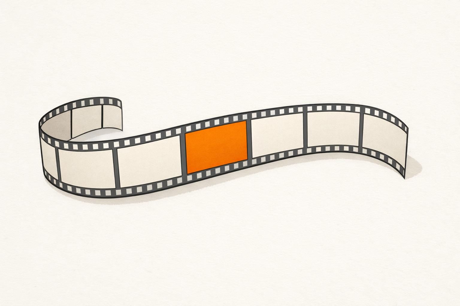 Gezeichnete Illustration: ein geschwungener Filmstreifen mit leeren hellen Bildfeldern, eines davon ist leuchtend orange hervorgehoben.