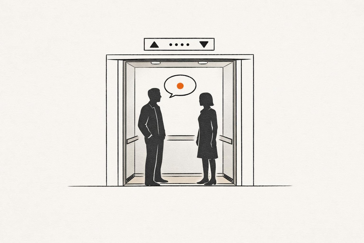 Illustration · Zwei gesichtslose Figuren in einem offenen Aufzug, zwischen ihnen eine kleine Sprechblase mit einem einzigen orangefarbenen Punkt, über der Tür eine Stockwerksanzeige, als Bild für den Elevator Pitch.