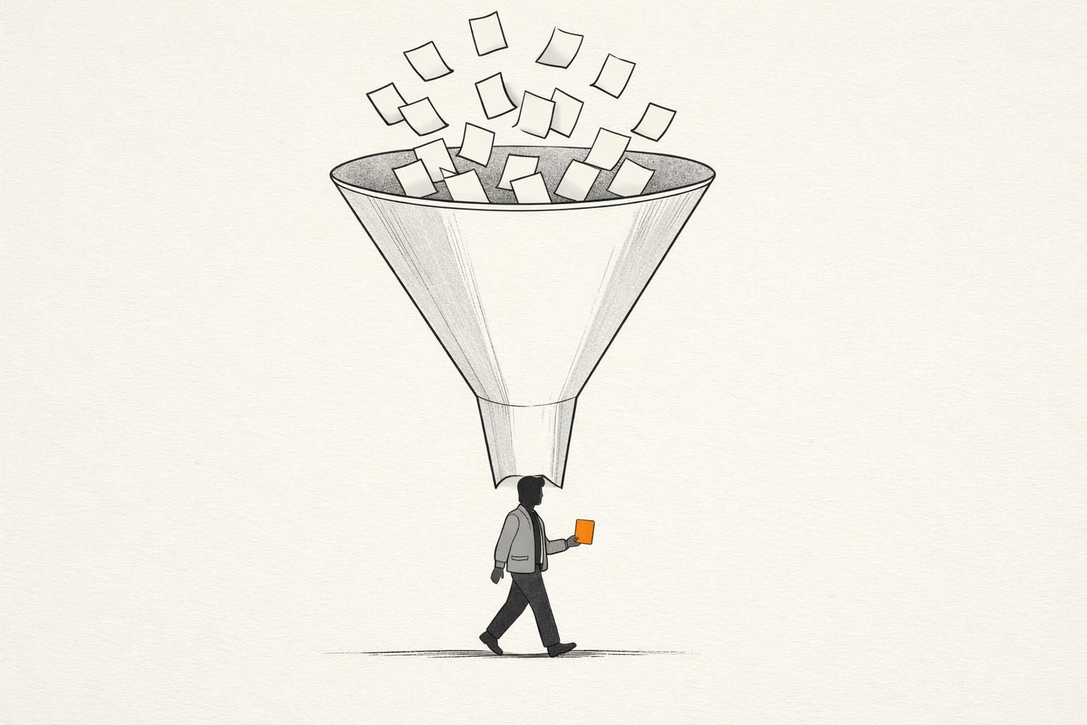 Illustration · Ein Trichter aus feinen Linien, in den viele identische Papierbögen fallen, unten tritt eine einzelne gesichtslose Figur heraus und hält eine orange Karte, als Bild für Recruiting mit KI, bei dem am Ende der Mensch zählt.