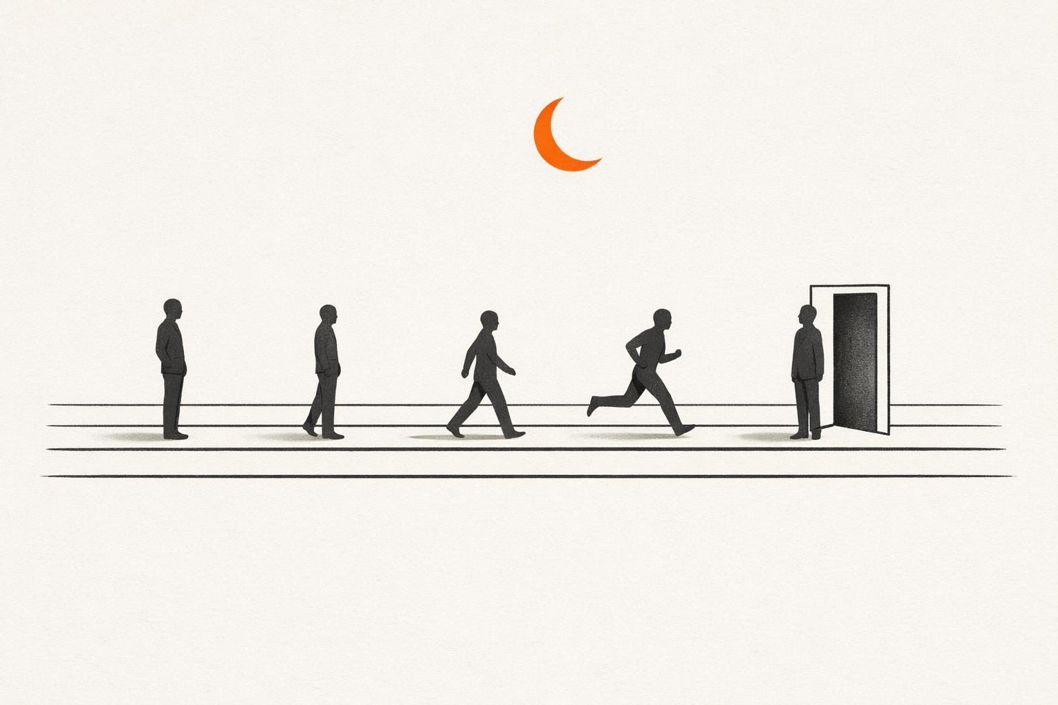 Illustration · fünf gesichtslose Figuren gehen in unterschiedlichem Tempo auf fünf Spuren, eine steht still, eine wartet an einer offenen Tür, über der Szene eine orange Mondsichel