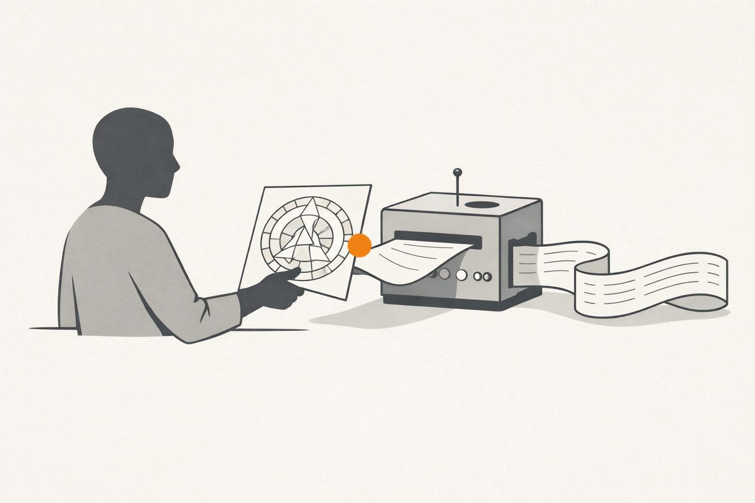 Illustration · eine gesichtslose Figur reicht einer schlichten geometrischen Maschine ein Blatt mit den Ringen eines Human Design Charts, aus der Maschine kommt ein Band aus Text, ein oranger Punkt markiert den Übergang