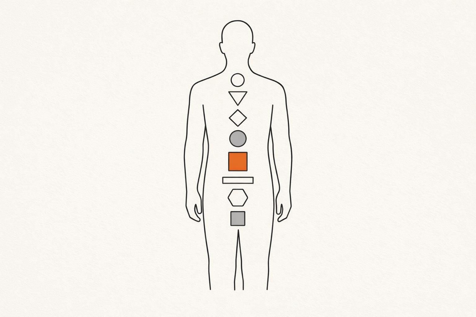 Illustration · die Umrisse einer gesichtslosen Figur mit neun geometrischen Formen entlang der Körpermitte, einige ausgefüllt, einige leer, eine davon orange