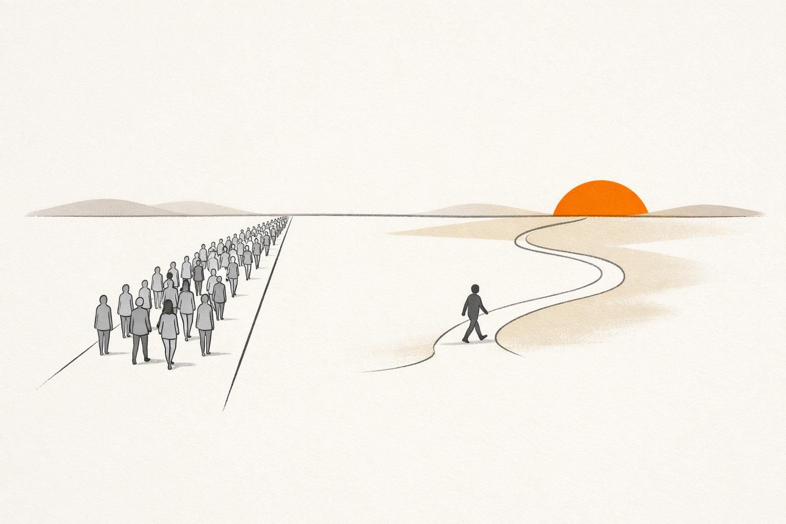 Gezeichnete Illustration: Links zieht eine große graue Menschenmenge in einer geraden Reihe zum Horizont, rechts geht eine einzelne Figur einen eigenen, geschwungenen Weg auf eine orange Sonne zu.