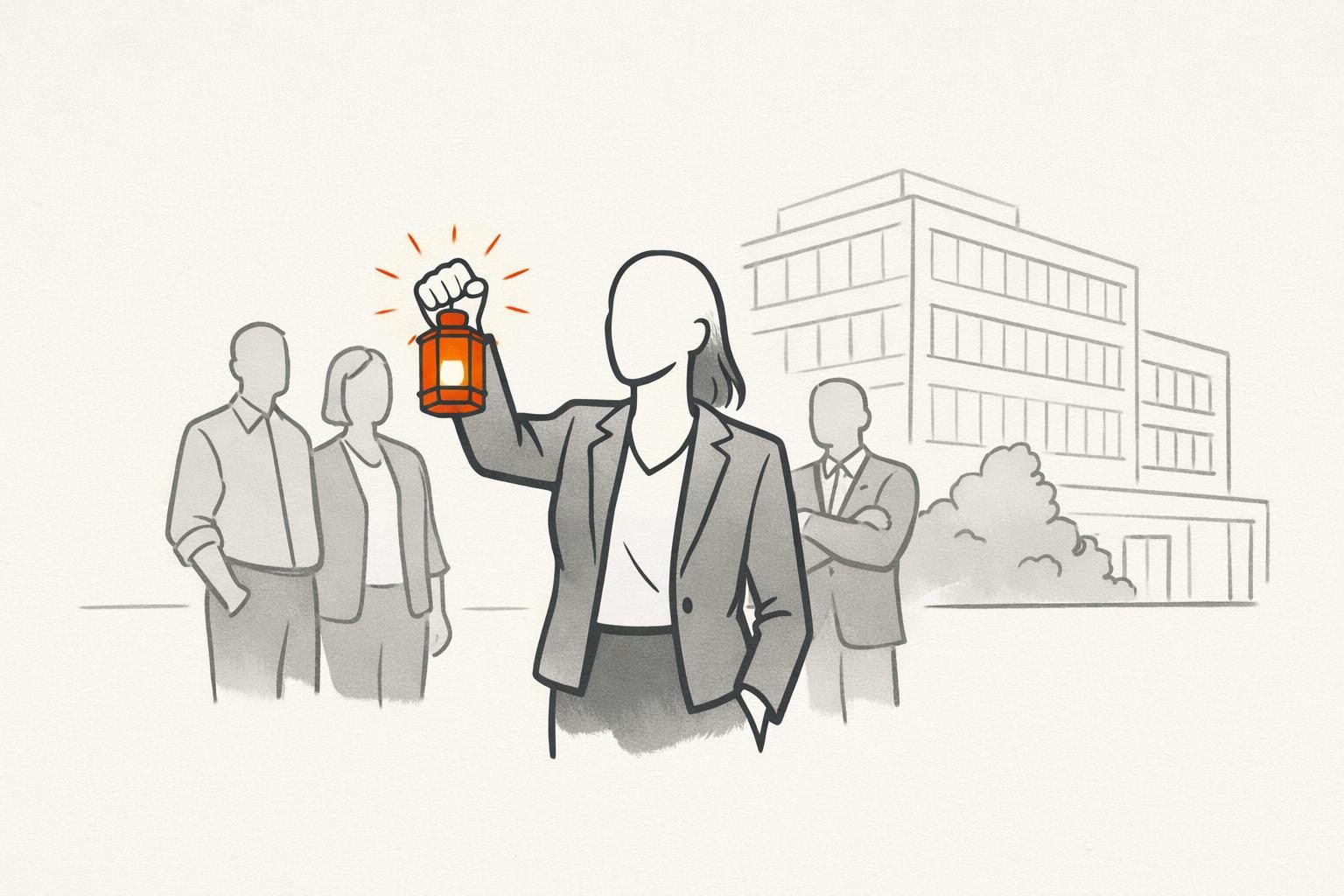 Zeichnung einer Mitarbeiterin im Blazer, die vor ihrem Firmengebäude eine leuchtend orange Laterne hochhält, hinter ihr stehen Kolleginnen und Kollegen in Grau