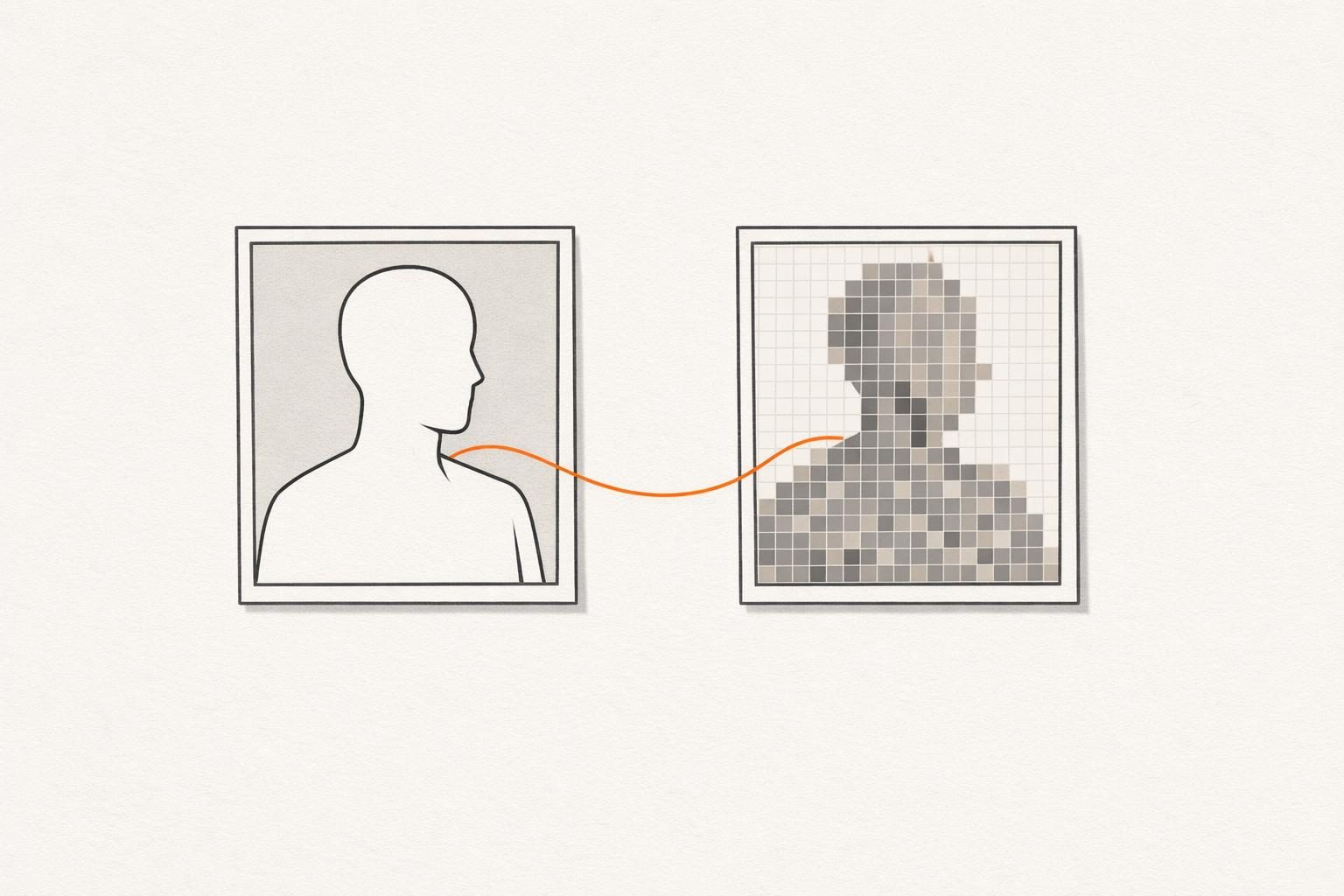 Illustration · Zwei Porträtrahmen nebeneinander: links eine gesichtslose Silhouette aus feinen Tuschelinien, rechts dieselbe Silhouette aus Pixelrastern, verbunden durch eine orange Linie.