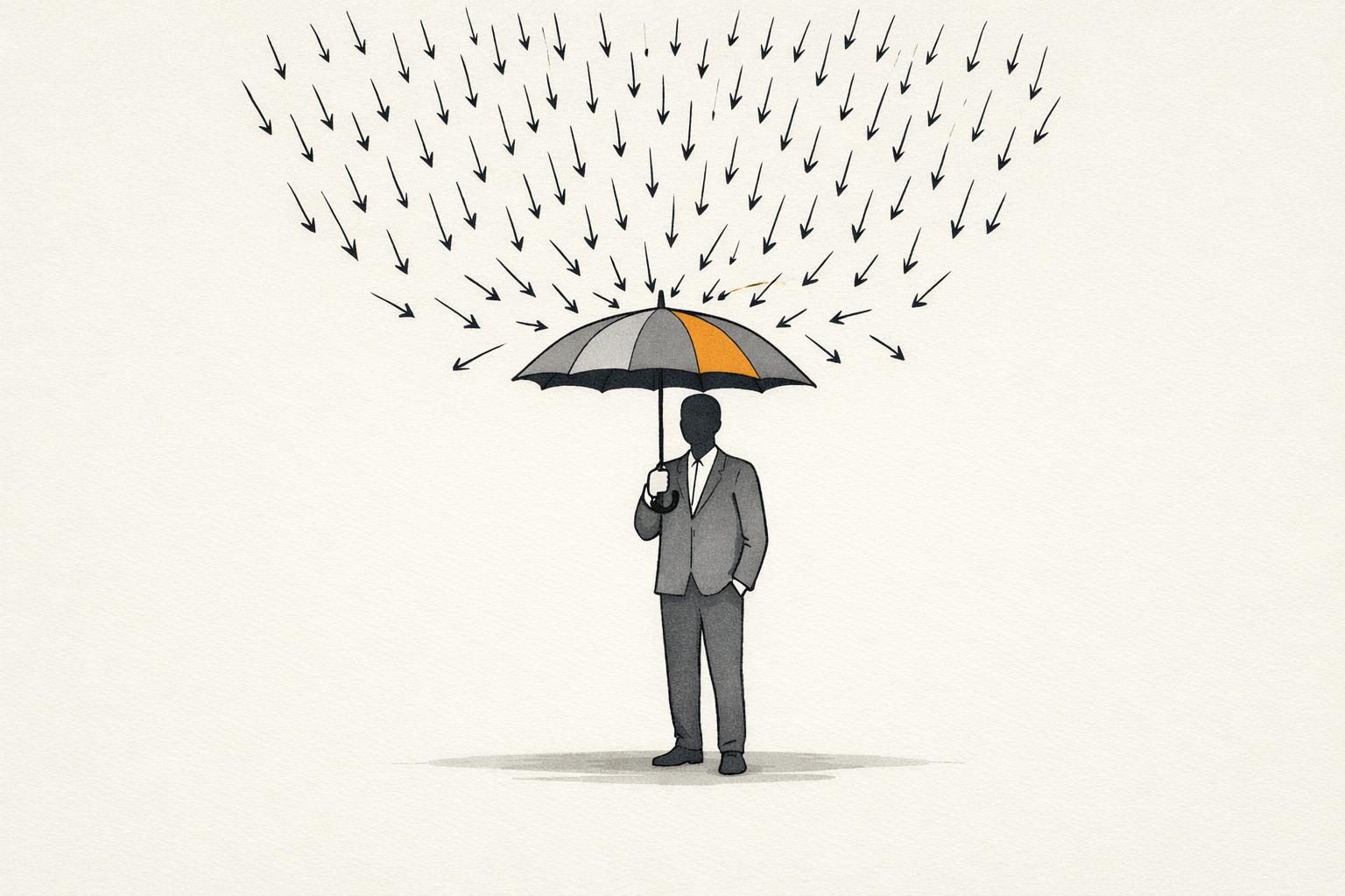 Illustration · eine gesichtslose Figur steht aufrecht unter einem Schirm, während von oben ein Schwarm kleiner Pfeile niedergeht, der Schirm trägt einen orangen Akzent