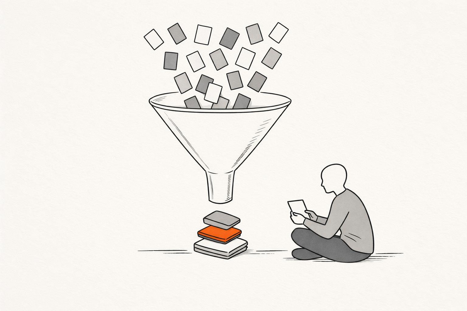 Illustration · Ein Sortiertrichter, in den viele kleine Karten fallen, unten kommen wenige geordnet heraus, eine davon orange, daneben sitzt eine gesichtslose Figur und liest.