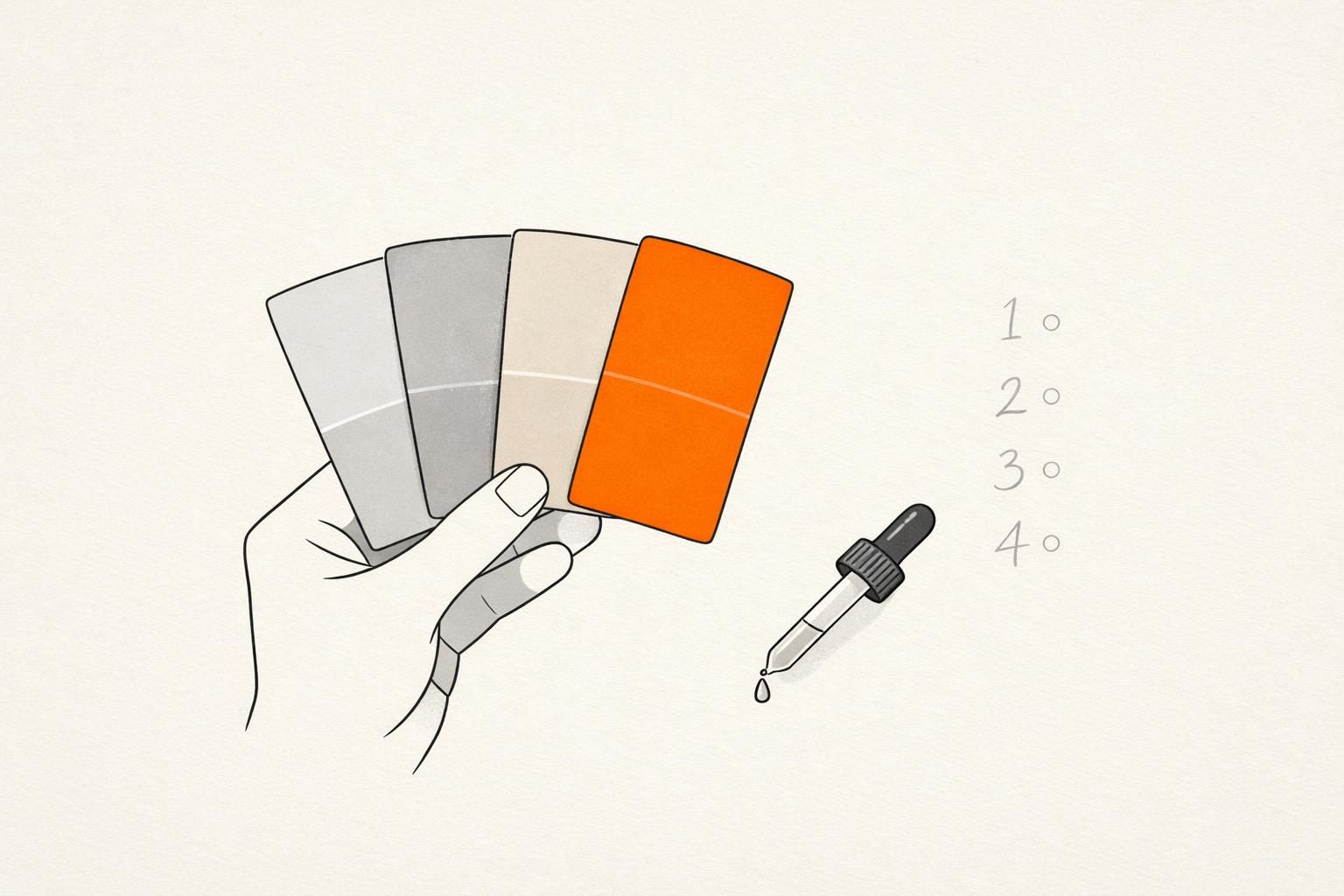 Illustration · Vier Farbkarten aus feinen Tuschelinien, fächerartig in einer gesichtslosen Hand gehalten; drei Karten bleiben in Grautönen, eine leuchtet orange.