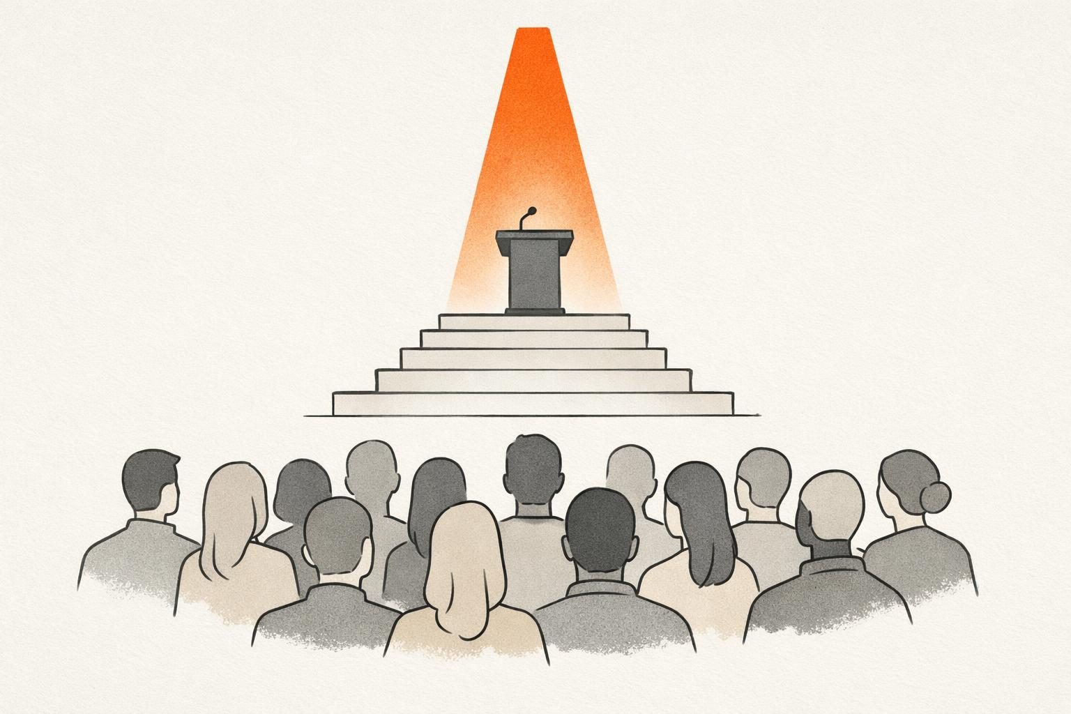 Illustration · ein schlichtes Rednerpult auf einer Treppe, die nach oben führt, darüber ein einzelner orangefarbener Lichtstrahl, im Hintergrund eine gesichtslose Menge, die aufblickt
