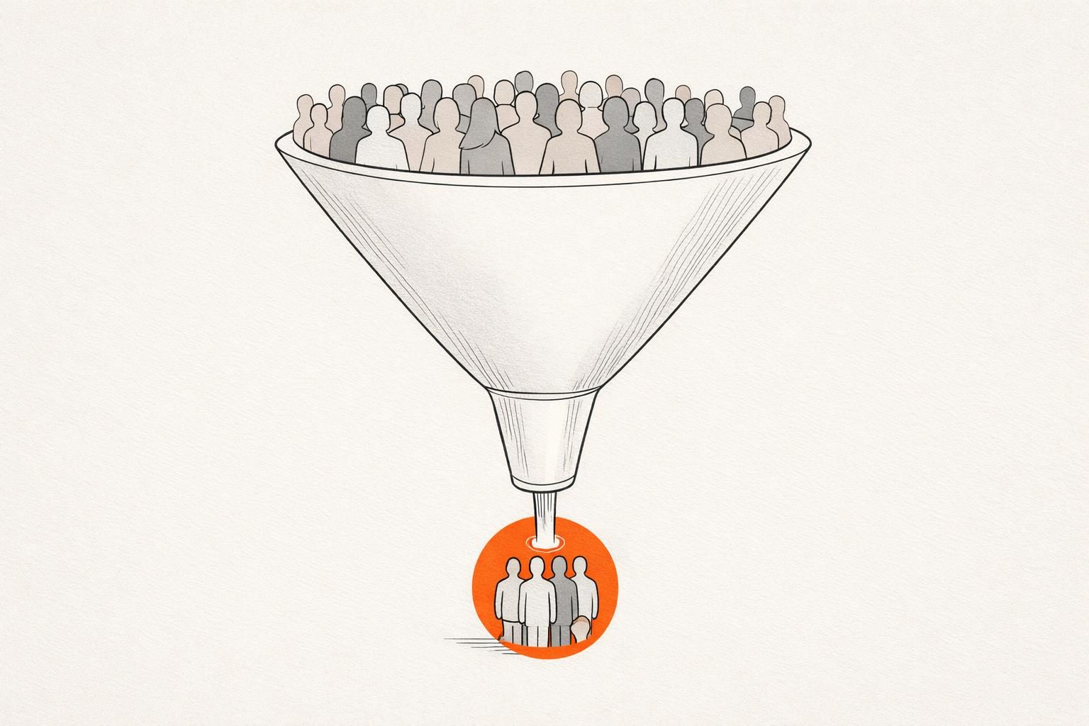 Illustration · Ein großer Trichter aus feinen Linien, aus dem eine breite Menge gesichtsloser Figuren oben hineinfließt und unten eine kleine Gruppe austritt, die von einem orangefarbenen Kreis eingerahmt wird, als Bild für die eigene Nische.