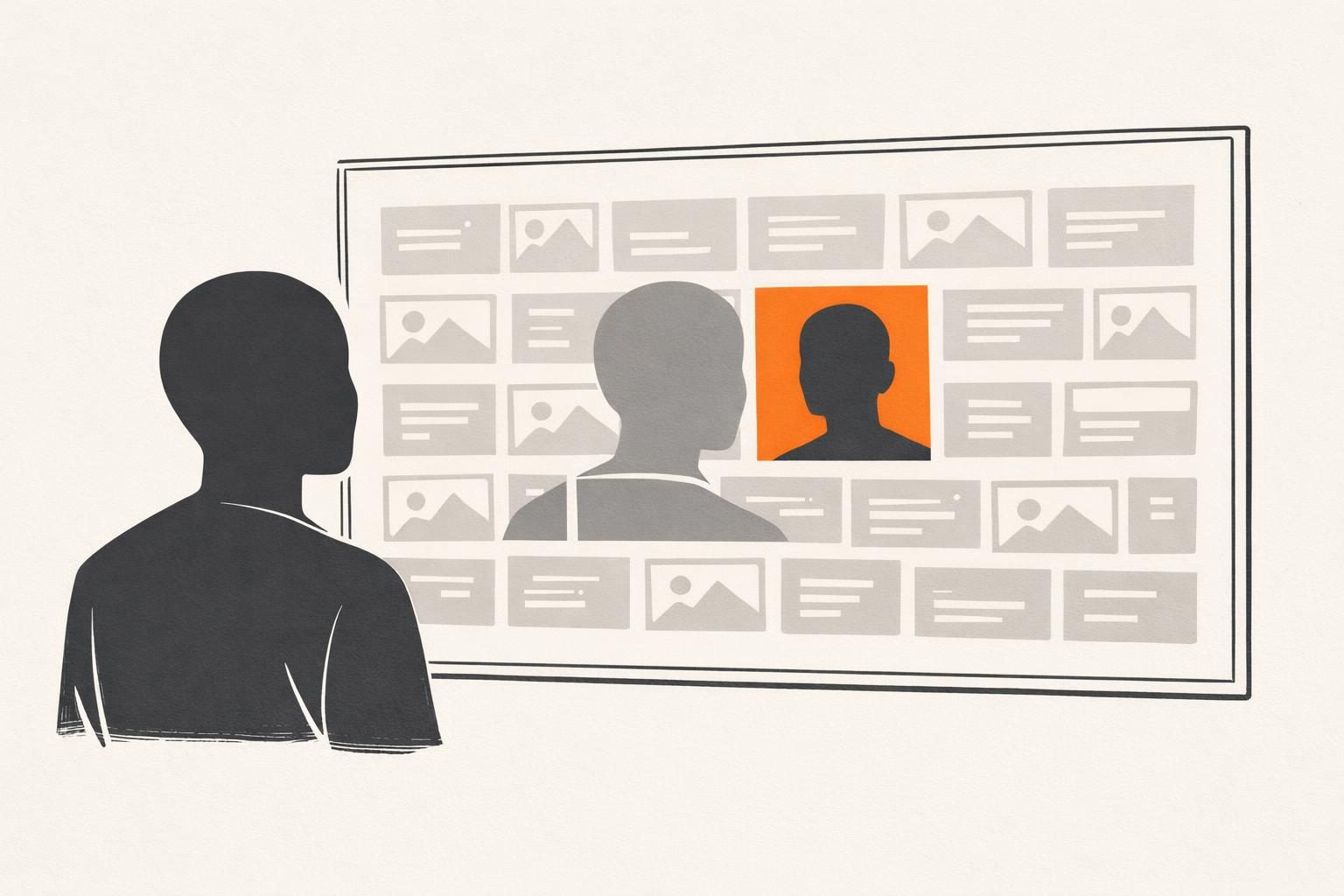Illustration · Eine gesichtslose Figur betrachtet ihr Spiegelbild in einem großen Bildschirm, das Spiegelbild besteht aus vielen kleinen Kacheln, eine davon ist orange hervorgehoben.