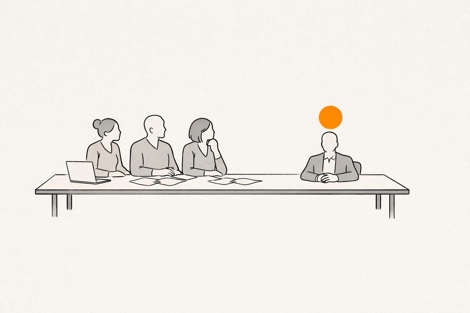 Illustration · Drei gesichtslose Figuren an einem langen Tisch aus feinen Linien, vor ihnen Papiere und ein Laptop, am Kopfende eine vierte Figur, über der ein oranger Kreis leuchtet, als Bild für eine Personal Branding Agentur, die eine Person als Marke betreut.