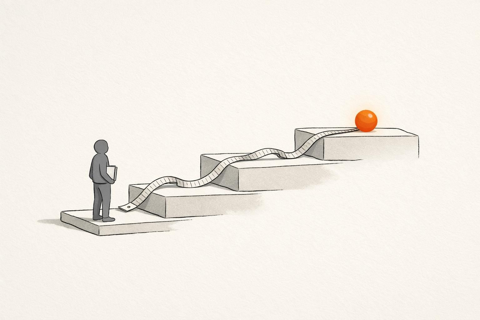 Illustration · Ein schlichtes Messband aus feinen Linien liegt über drei aufsteigenden Stufen, auf der obersten Stufe leuchtet ein oranger Punkt, daneben eine kleine gesichtslose Figur mit Notizblock, als Bild für das Messen von Personal Branding.