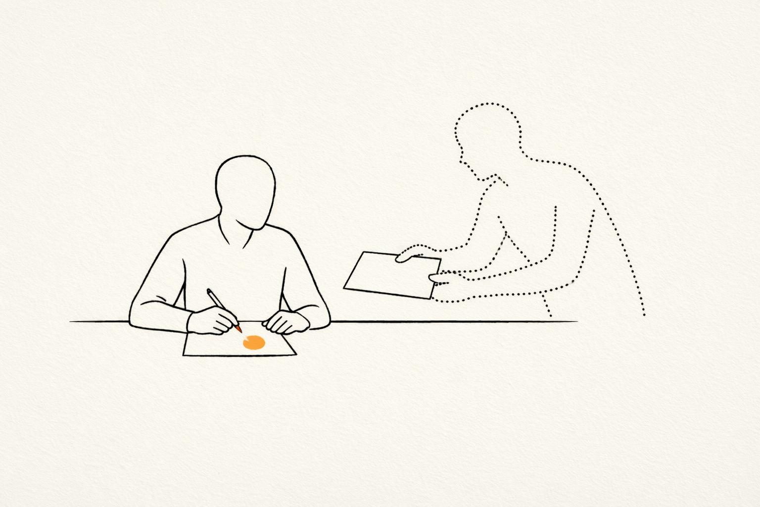 Illustration · Eine gesichtslose Figur sitzt an einem Tisch und schreibt, neben ihr schwebt ein zweiter, nur aus feinen Linien und Punkten gezeichneter Umriss, der ihr ein Blatt reicht, ein oranger Punkt auf dem Blatt der Figur, als Bild für Personal Branding mit KI.