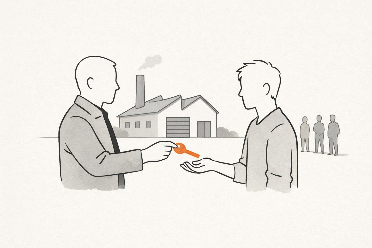 Illustration · Vor einer kleinen Werkhalle mit Schornstein steht eine gesichtslose Silhouette und reicht einen orangefarbenen Schlüssel an eine zweite, jüngere Silhouette weiter, im Hintergrund warten weitere kleine Figuren, als Bild für Sichtbarkeit, Nachfolge und Fachkräfte im Mittelstand.
