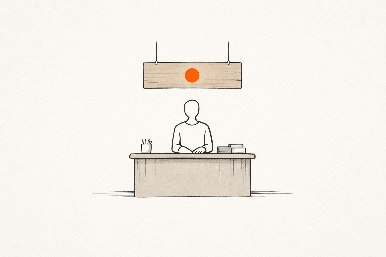 Illustration · Eine gesichtslose Figur steht allein hinter einem kleinen Ladentisch aus feinen Linien, darüber hängt ein leeres Schild mit einem einzelnen orangen Punkt, als Bild für Personal Branding für Selbstständige, bei denen die Person selbst das Produkt ist.