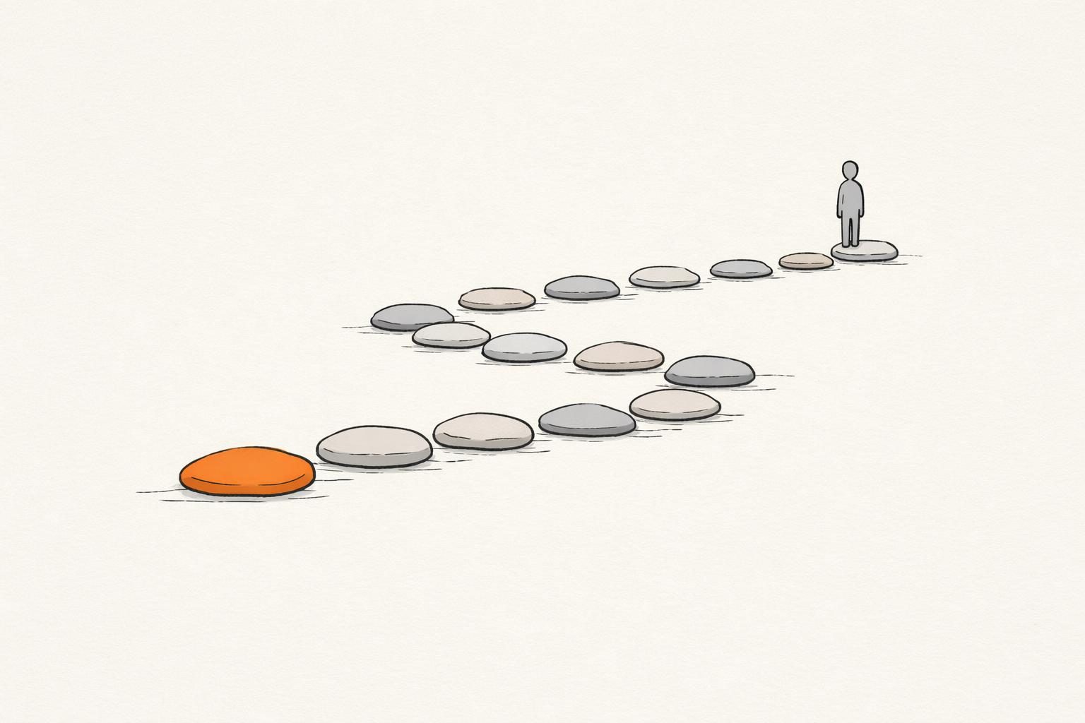 Illustration · Fünfzehn kleine Steine aus feinen Linien, in drei Reihen zu einem Weg gelegt, der erste Stein orange, am Ende des Wegs eine kleine gesichtslose Figur, als Bild für fünfzehn Personal Branding Tipps in drei Phasen.