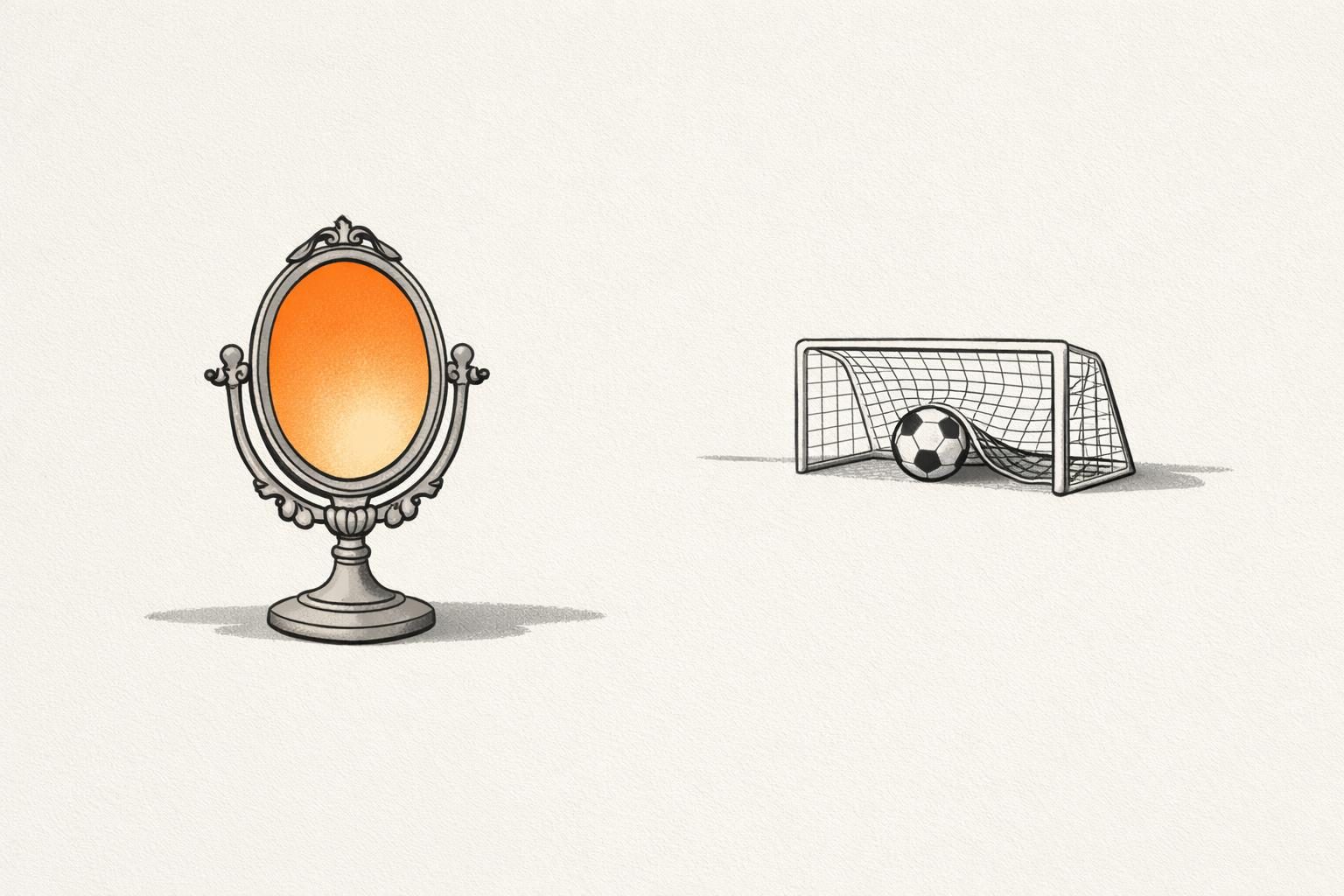Gezeichneter Standspiegel mit orangefarbener Spiegelfläche neben einem kleinen Fußballtor mit Ball im Netz, als Bild für Eitelkeit und Eigentore