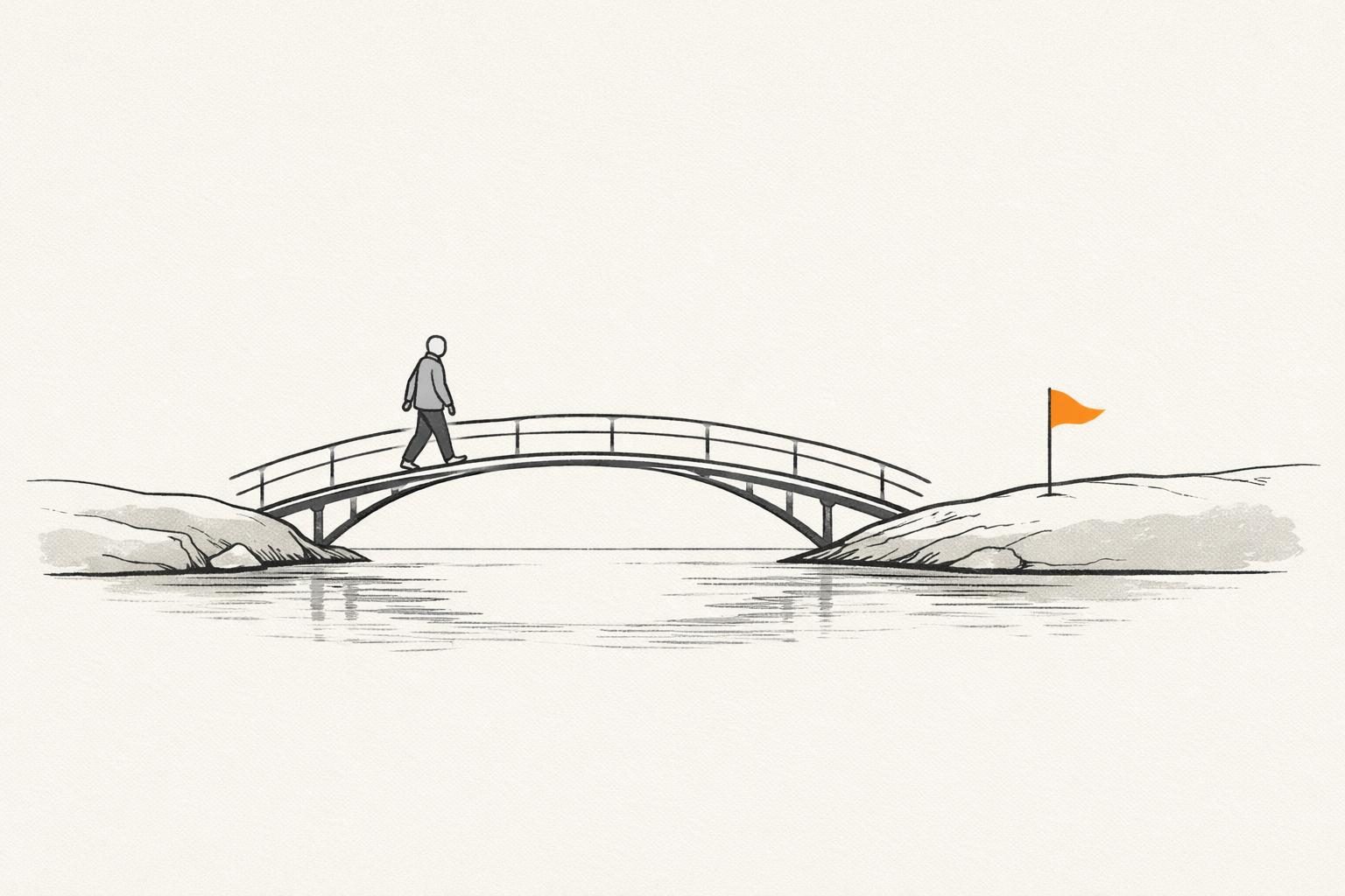 Illustration · Eine gesichtslose Figur geht über eine schmale Brücke aus feinen Linien von einem grauen Ufer zu einem Ufer mit einer einzelnen orangen Fahne, als Bild für das Personal Rebranding, die Neuausrichtung einer Personenmarke.