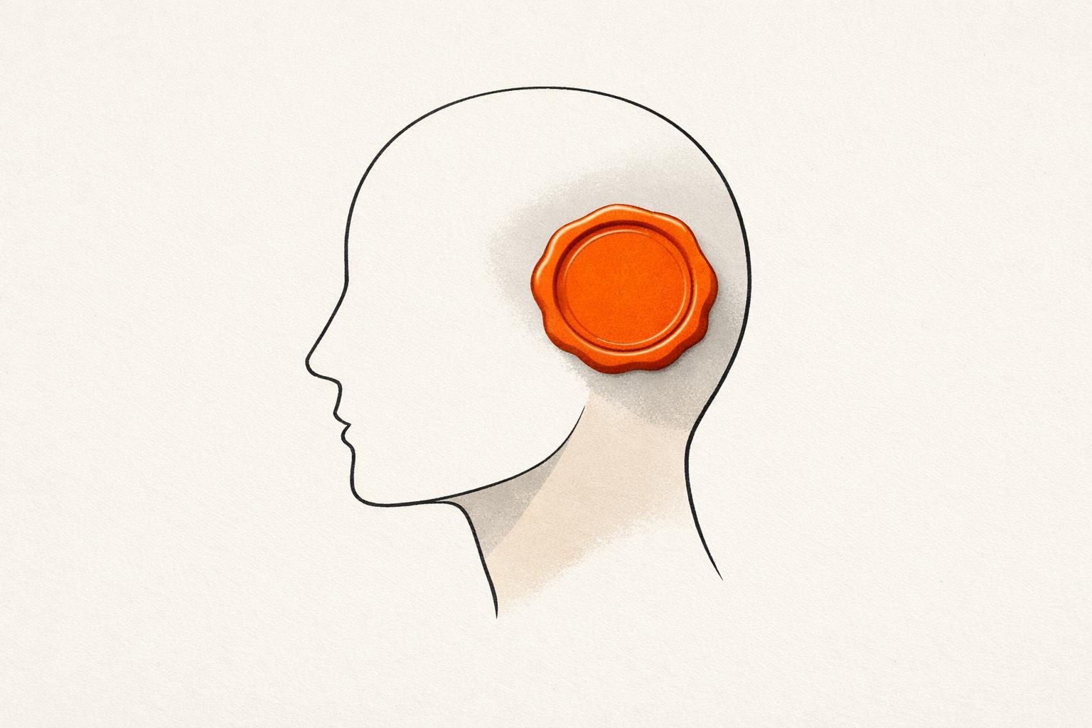 Gezeichneter Kopf im Profil mit einem orangefarbenen Siegel aus Wachs, als Bild für eine einprägsame Personenmarke