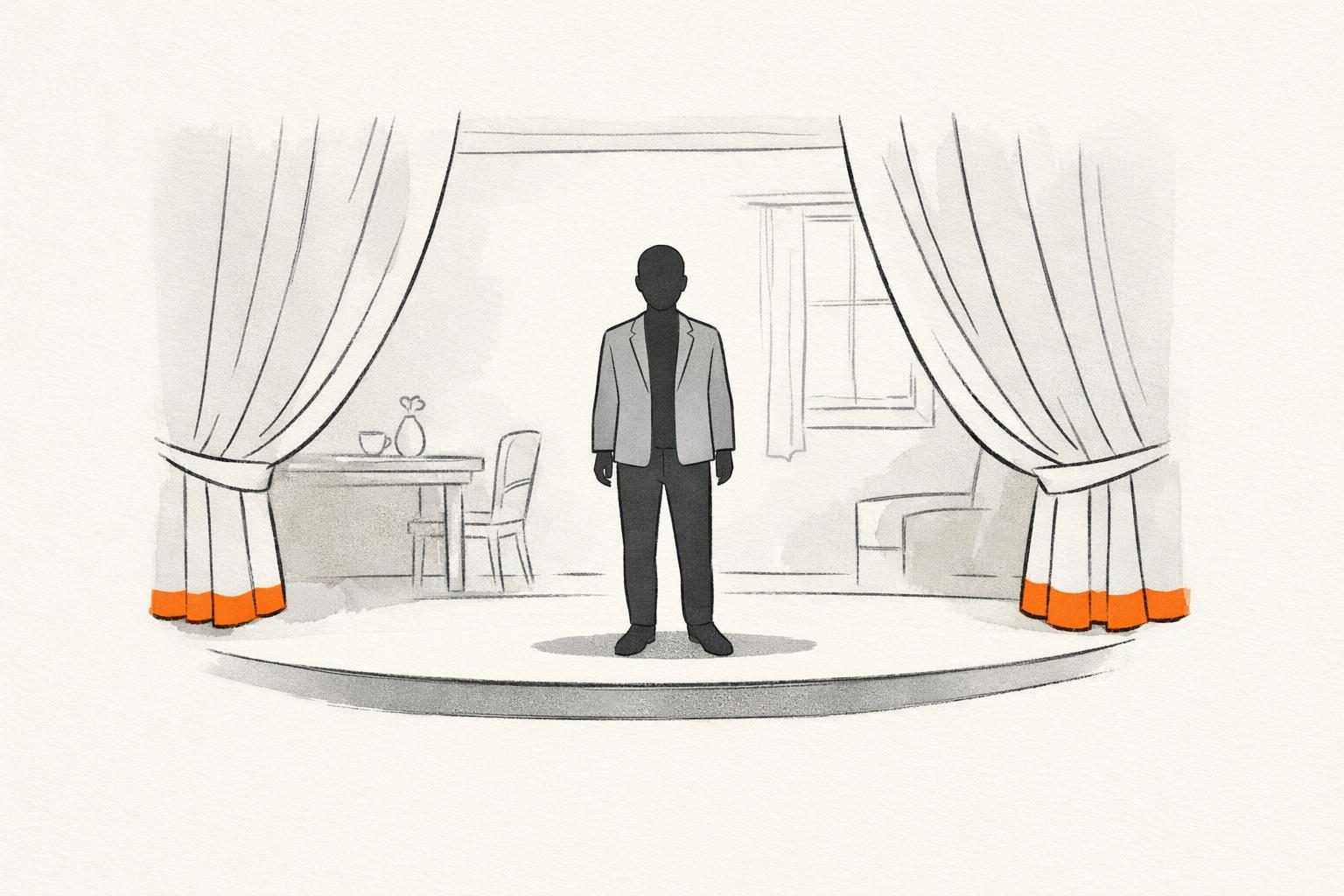 Illustration · eine gesichtslose Figur steht auf einer beleuchteten Bühne, hinter ihr ein halb geöffneter Vorhang mit orangem Saum, dahinter nur angedeutet ein Zuhause mit Tisch und Fenster