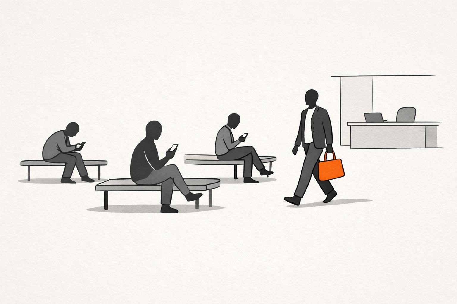 Illustration · Mehrere gesichtslose Figuren sitzen verstreut auf Bänken und schauen auf kleine Bildschirme, eine Figur mit einer orangen Tasche geht zu ihnen hin statt an einem Schalter zu warten, als Bild für Social Recruiting, das Menschen dort trifft, wo sie sind.