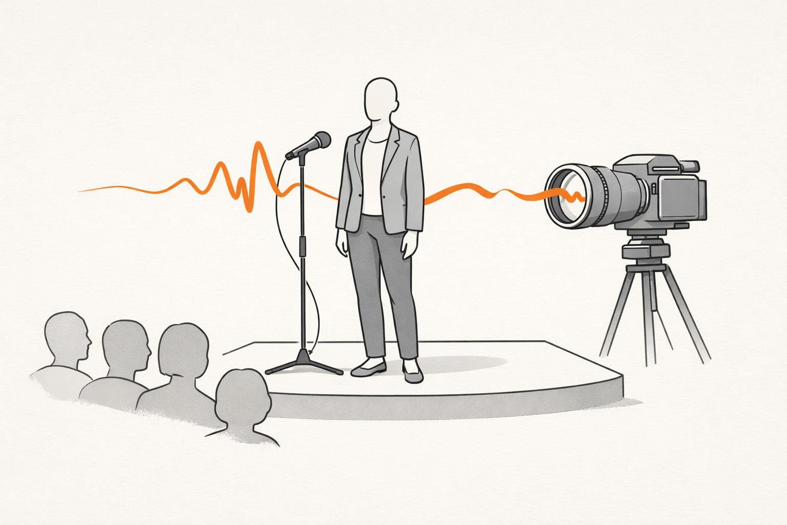 Illustration · Eine aufrechte, gesichtslose Silhouette aus feinen Tuschelinien auf einer kleinen Bühne, vor ihr ein Mikrofon, aus dem eine orange Schallwelle in den Raum und in ein Kameraobjektiv läuft.