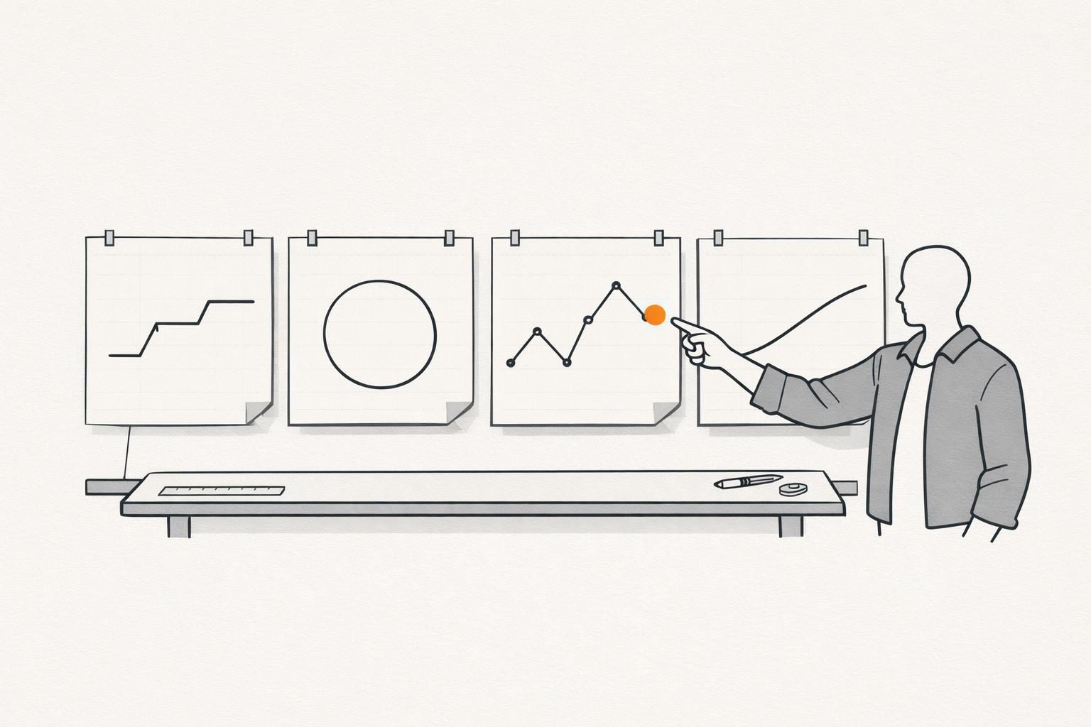 Illustration · Vier aufgeschlagene Baupläne liegen nebeneinander auf einem Tisch, jeder zeigt eine andere Kurve einer Geschichte, eine gesichtslose Figur legt den Finger auf einen orangefarbenen Wendepunkt.