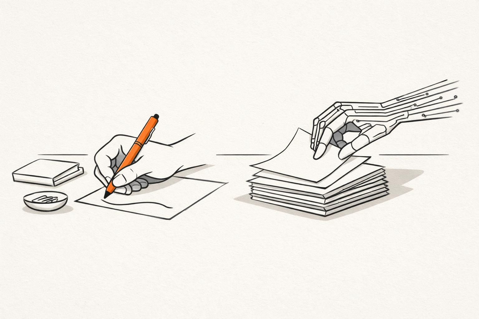 Illustration · Zwei Hände schreiben an einem Tisch, eine menschliche aus Tuschelinien und eine aus feinen Schaltkreisen; die menschliche Hand hält einen orangefarbenen Stift, die andere ordnet Blätter zu einem Stapel.