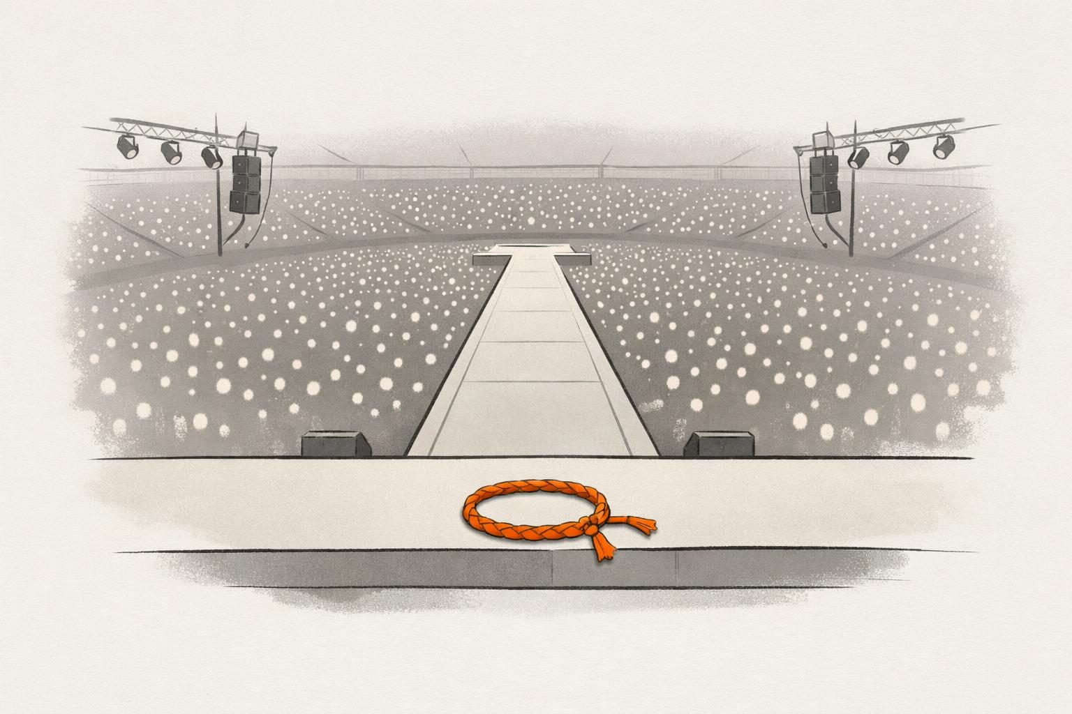 Illustration · eine große leere Stadionbühne mit Laufsteg, davor ein Meer aus kleinen Lichtpunkten, am Bühnenrand ein einzelnes orangefarbenes Freundschaftsarmband