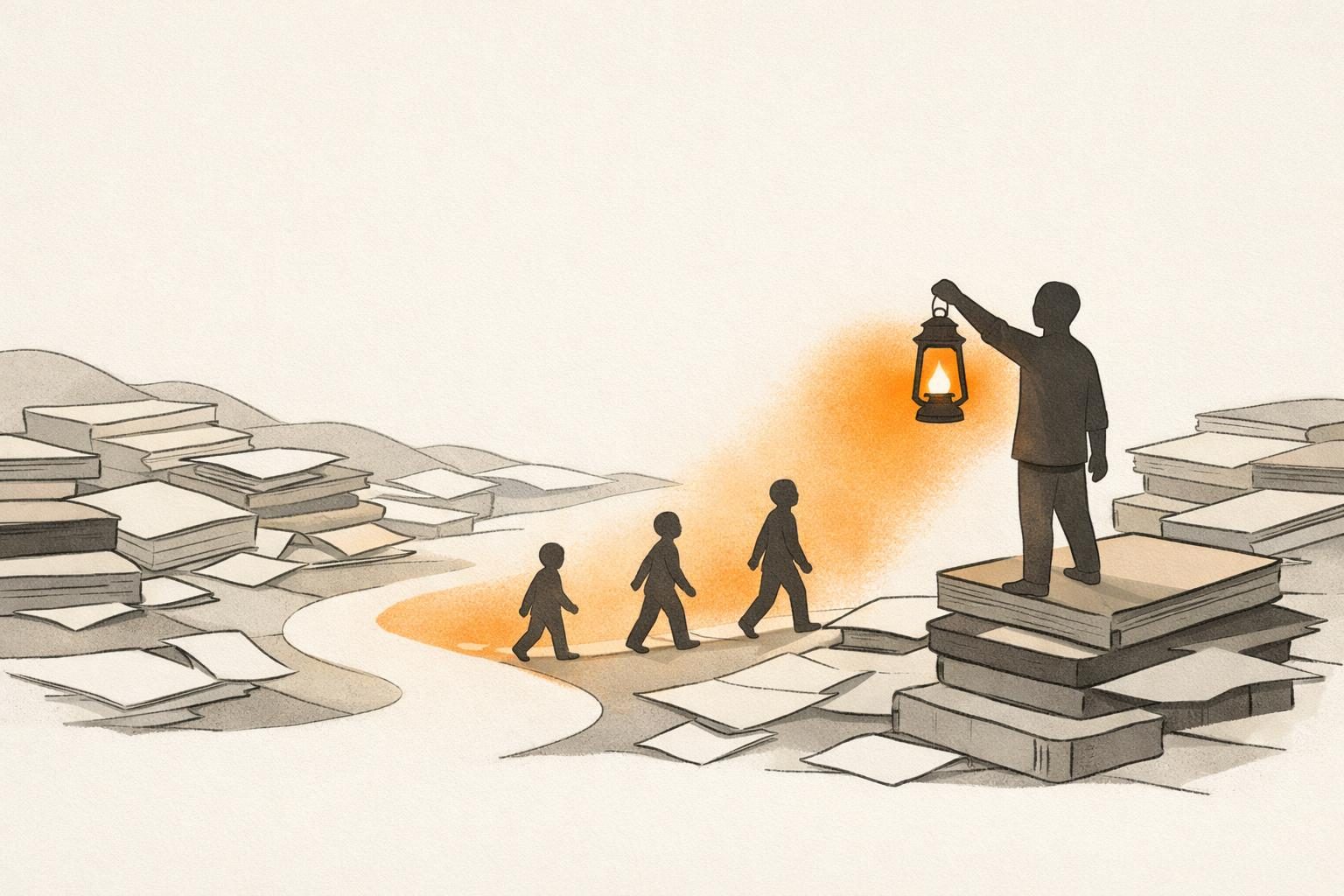 Illustration · Eine gesichtslose Silhouette hält eine Laterne hoch, deren orangefarbenes Licht einen Weg durch eine Landschaft aus übereinander gestapelten Büchern und Dokumenten beleuchtet, hinter ihr folgen kleinere Figuren, als Bild für eine Stimme, die dem Fach Orientierung gibt.