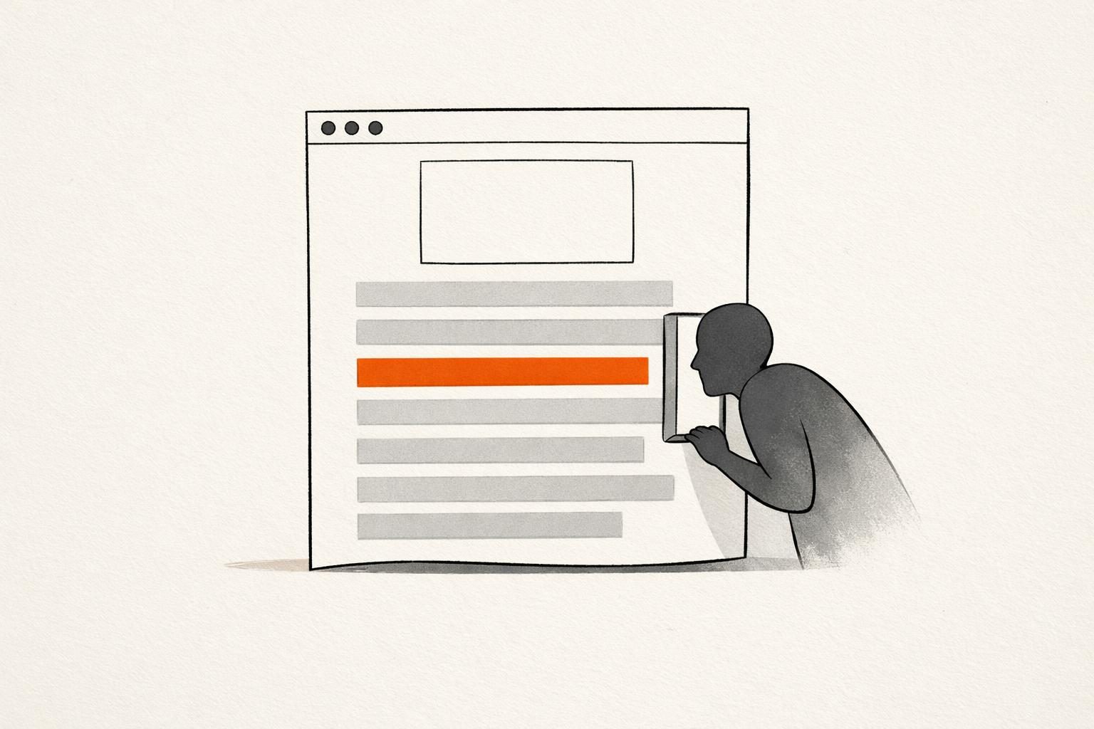 Illustration · Eine Website-Seite als Blatt mit einem leeren Porträtrahmen oben, darunter sieben gestapelte Textblöcke, einer davon orange hervorgehoben; vor dem Blatt eine gesichtslose Besucherin, die hineinschaut.