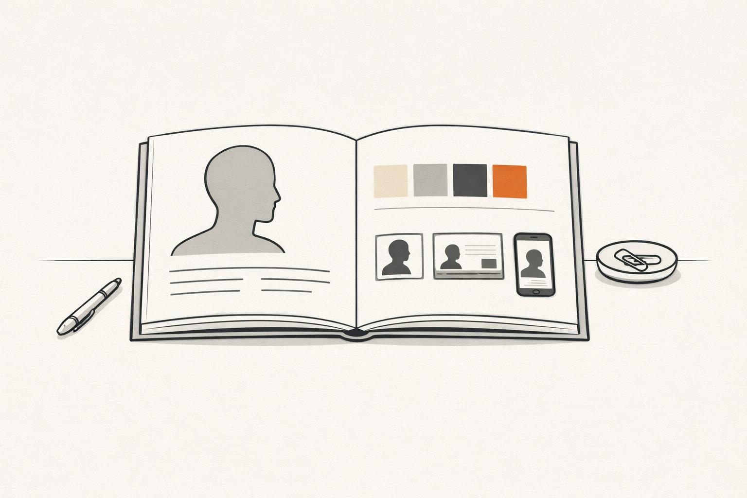 Illustration · Ein aufgeschlagenes Markenbuch aus feinen Tuschelinien mit Porträtsilhouette, Schriftmustern und Farbfeldern, eines davon orange, ordentlich auf einem Tisch ausgelegt.