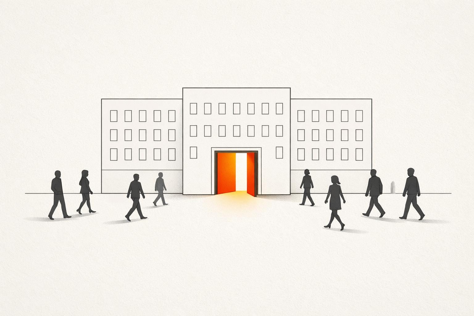 Zeichnung eines hellen Bürogebäudes mit weit geöffneter, orange leuchtender Eingangstür, davor gehen mehrere Menschen als dunkle Silhouetten auf das Gebäude zu