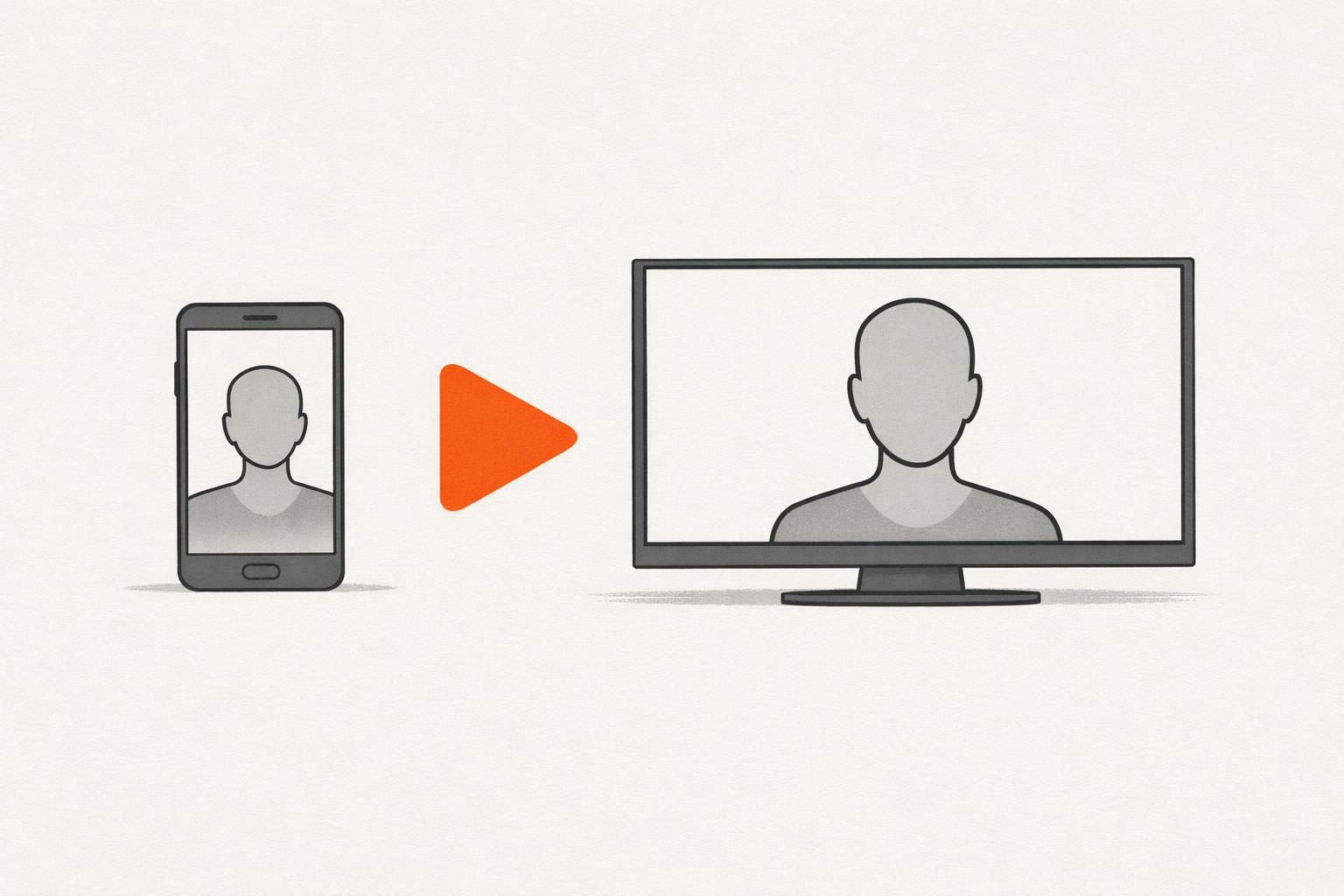 Illustration · Ein hochkant stehendes Smartphone mit einer gesichtslosen Figur auf dem Bildschirm, daneben ein großer Monitor mit derselben Figur, ein orangefarbener Abspielknopf verbindet beide.